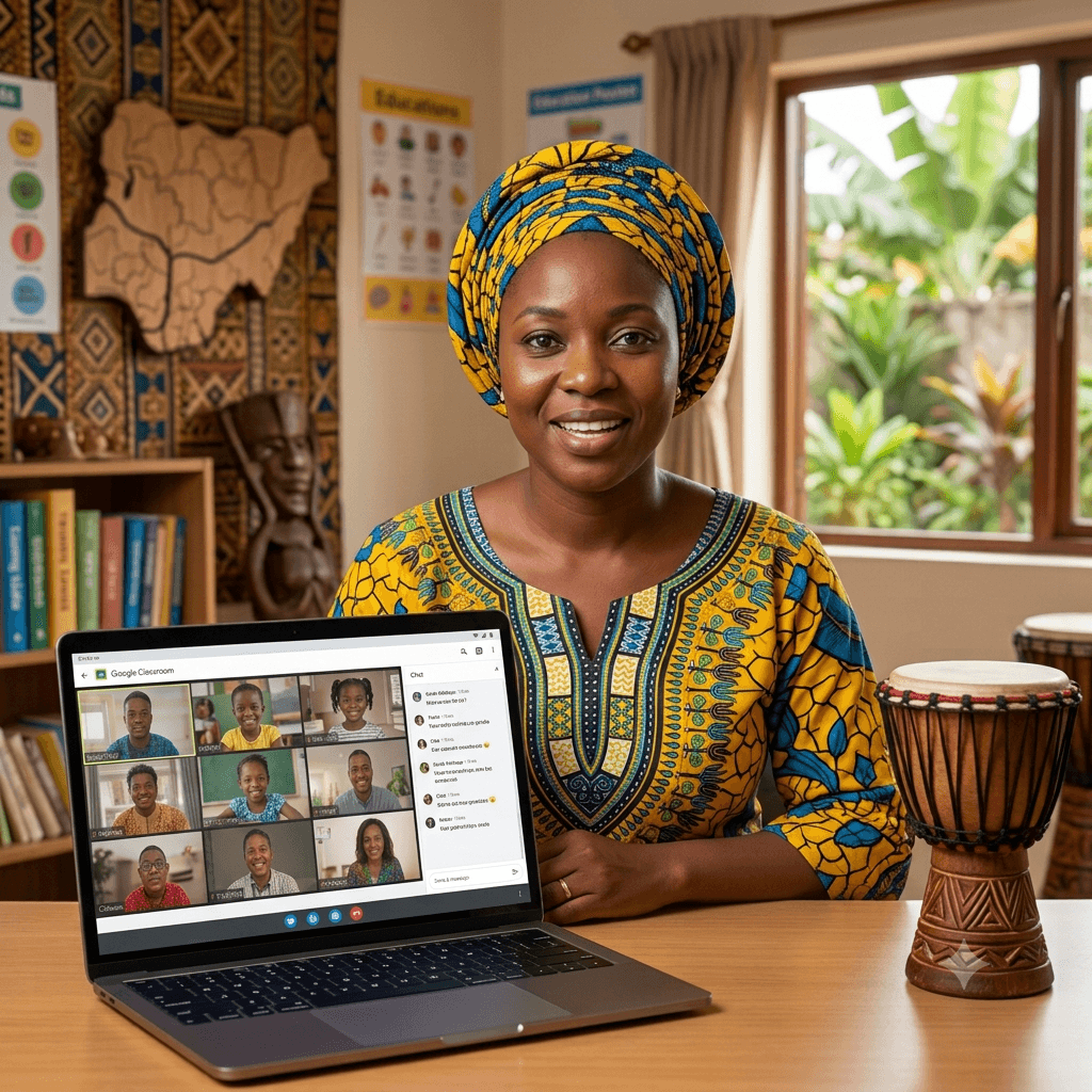 A Nigerian storyteller engaging children virtually from her laptop