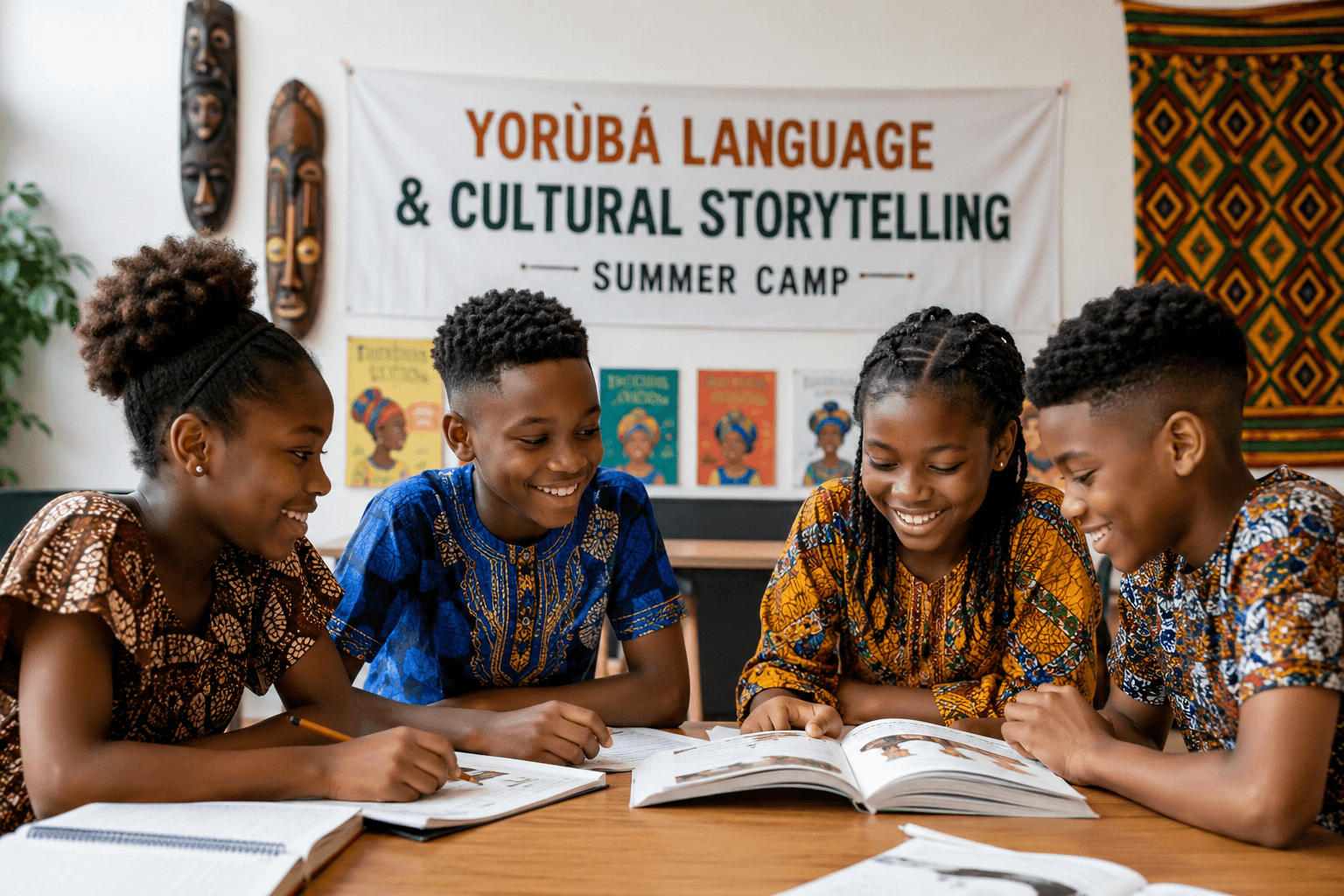 Kids in Ankara attire smiling together at the Yoruba Language & Cultural Storytelling camp