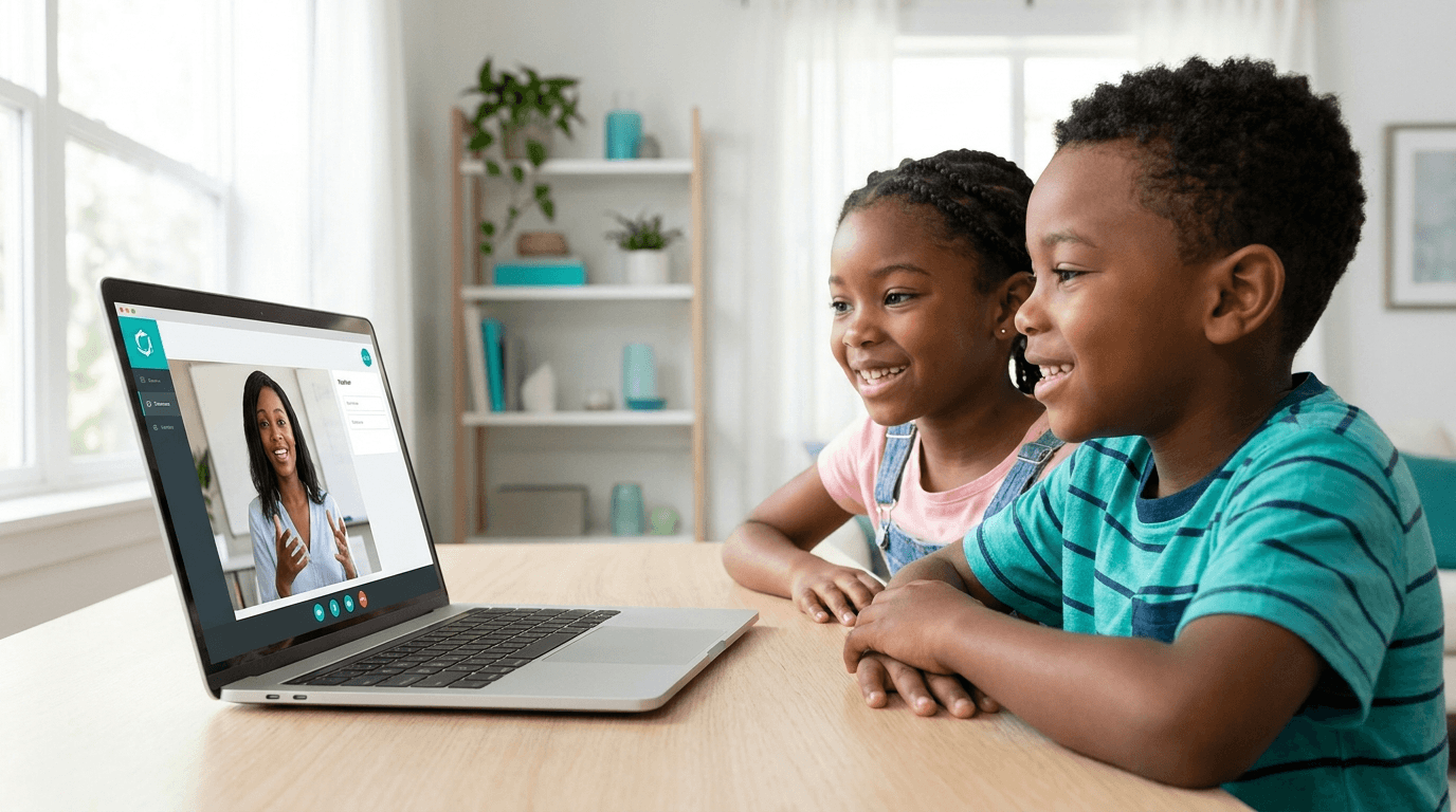 Children enjoying a live online lesson with their Treeschool teacher